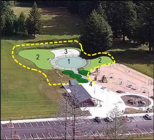 New 3,300 sq.ft. splash area (1) with adjacent grass sunning lawns (2) and paved picnic court (3) will be first accessible waterplay area in the area. Graphic courtesy: Key Pen Parks