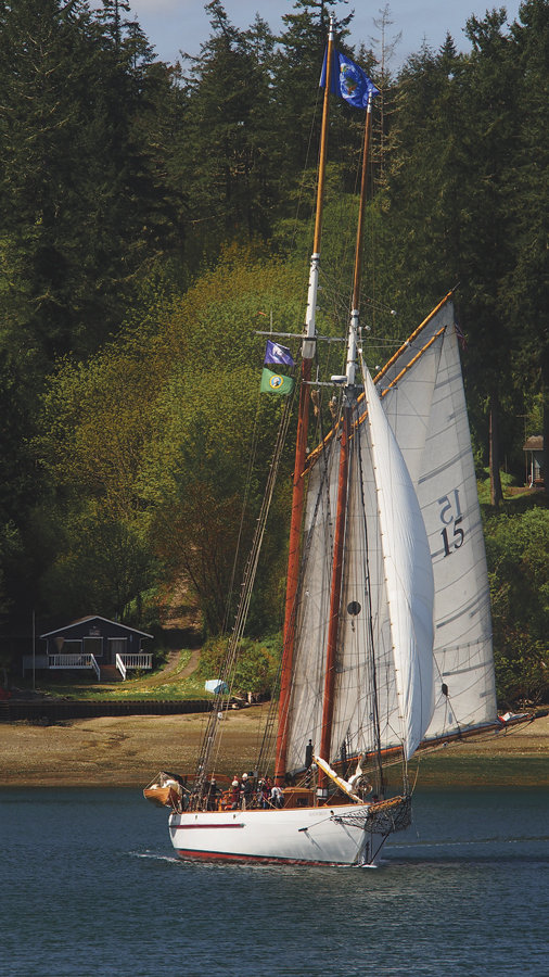 The Adventuress pays a visit to Filucy Bay in May. The 133-foot gaff-rigged schooner, launched in 1913 in East Boothbay, Maine, is one of two surviving San Francisco bar pilots and a National Historic Landmark. She is operated by Sound Experience, a nonprofit based in Port Townsend. Photo: Richard Hildahl