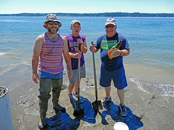 Warm temperatures and low tides mean it’s also geoduck season on the KP, as these clam diggers demonstrate near Devil’s Head. Photo: Don Tjossem, KP News