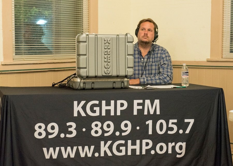 KGHP station manager Spencer Abersold, a.k.a “The Walrus,” broadcasts the forum live. Photos: Ed Johnson, KP News