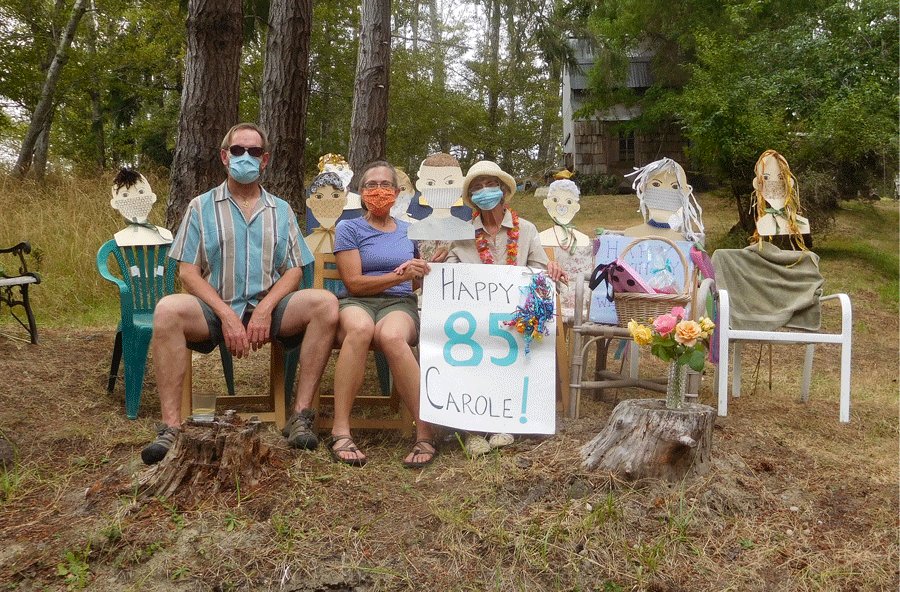 Longtime Herron Island resident Carole Crowley wanted to celebrate with her friends on her 85th birthday but also wanted to be socially safe. Some “look-alike” pals joined her and her family while most islanders did a drive-by parade to wish her well.