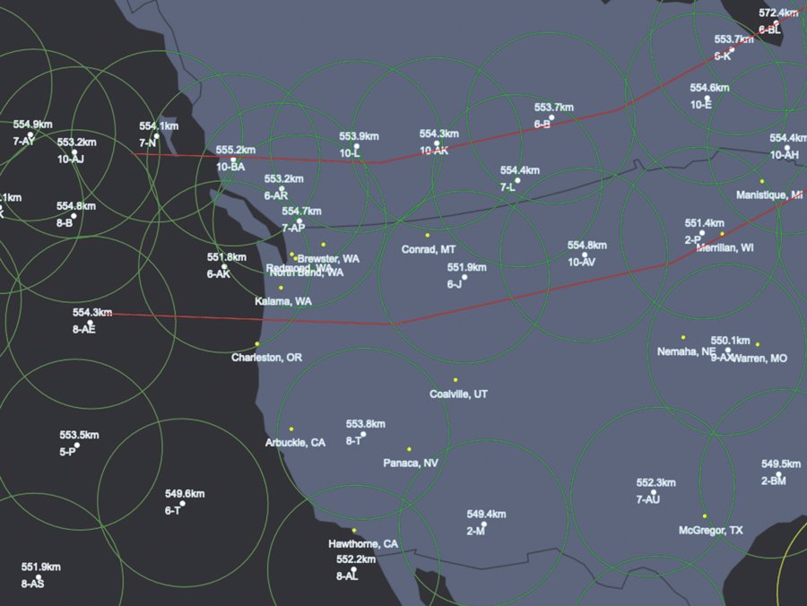 Overlapping circles show array of satellites providing low-orbit coverage over a swath of northwestern states.