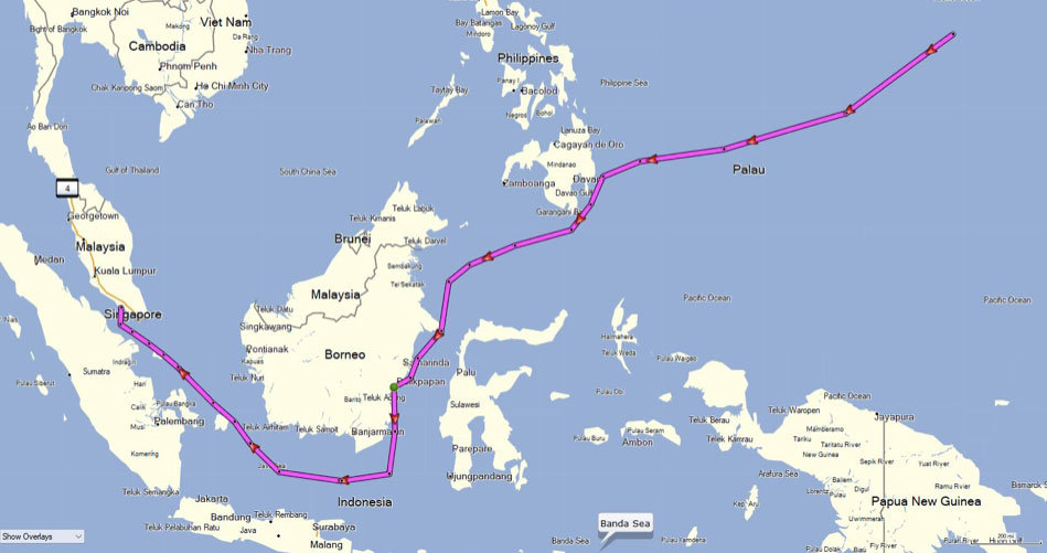 Unable to reach Hong Kong, the new route extends from Guam southwest around Borneo, then north to Singapore, 3,200 miles away.