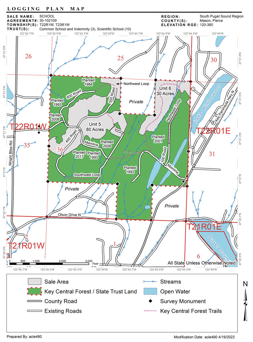 A working draft of Key Central Forest identifies proposed cutting zones in light brown and units of earlier replanting in green.