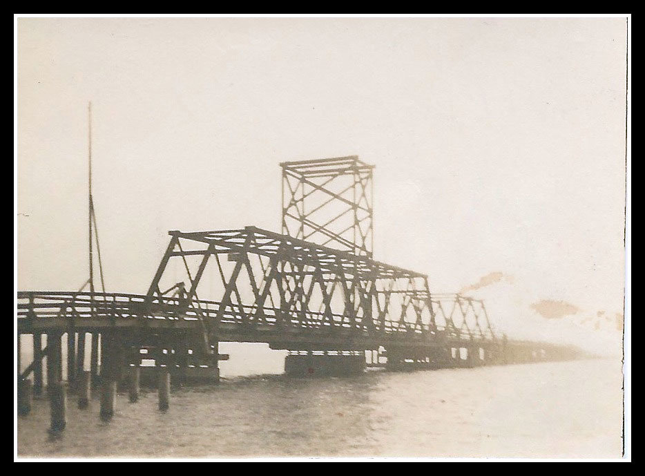 Undated photo of the second bridge built in 1905, looking southwest from Purdy. The swing span is in the foreground.