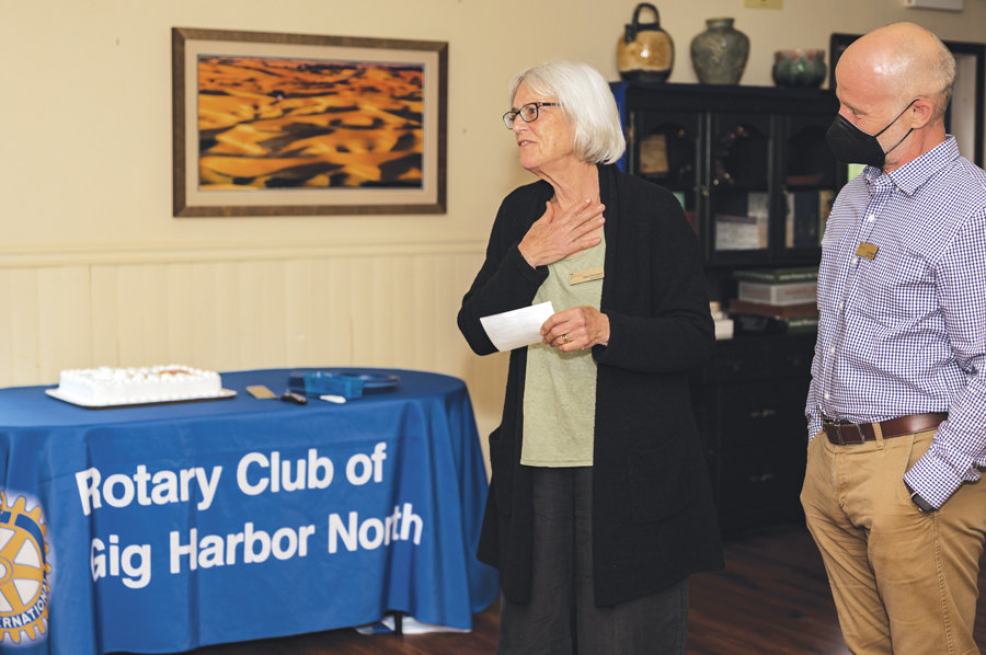 Sara Thompson thanks Rotary Club members June 17 for their donations to her favorite nonprofits.