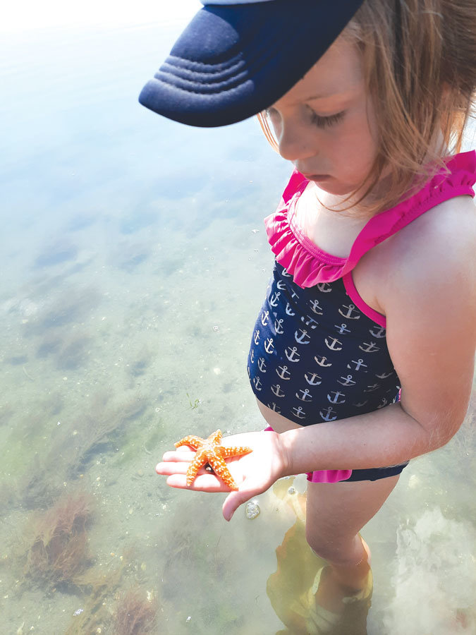 In the closing days of summer, a young girl holds a small but healthy sea star out of water, for few moments near Glen Cove on Henderson Bay.