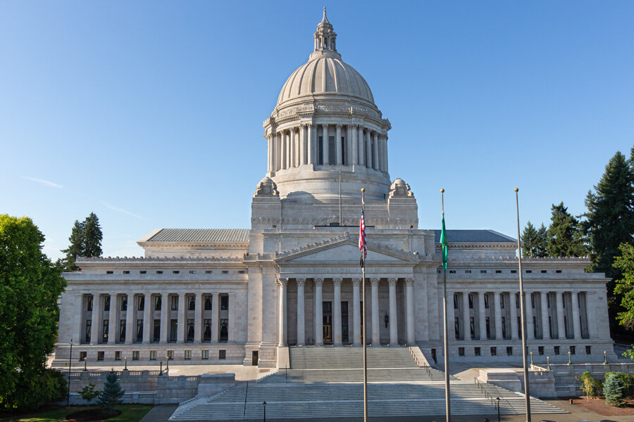 The Legislative Building sits in the foreground at the Washington State Capitol in Olympia.